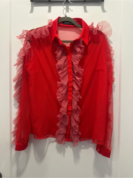 House of Holland Tops - House Of Holland Red Pink Ruffle Sheer Button Down Blouse Designer Eccentric